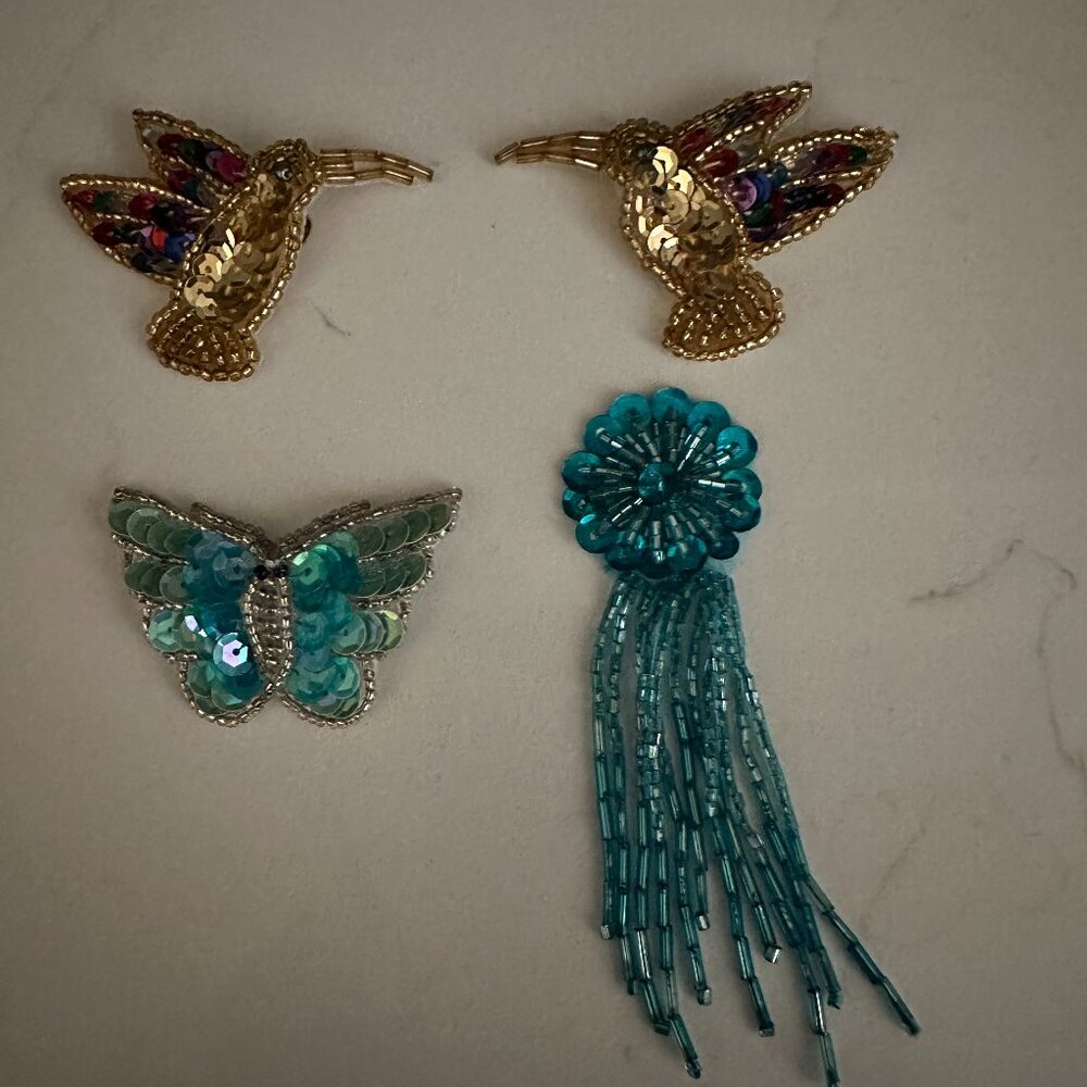4 Vintage Sequin/Bead Appliques-3 w/Pins